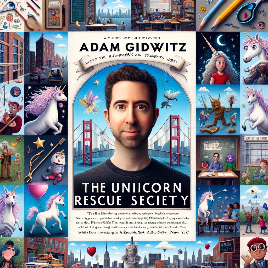 Collage showcasing Adam Gidwitz's career as a children's book author, featuring elements from the Unicorn Rescue Society series, including unicorns, magical imagery, puppets, and a classroom setting, set against a New York backdrop.