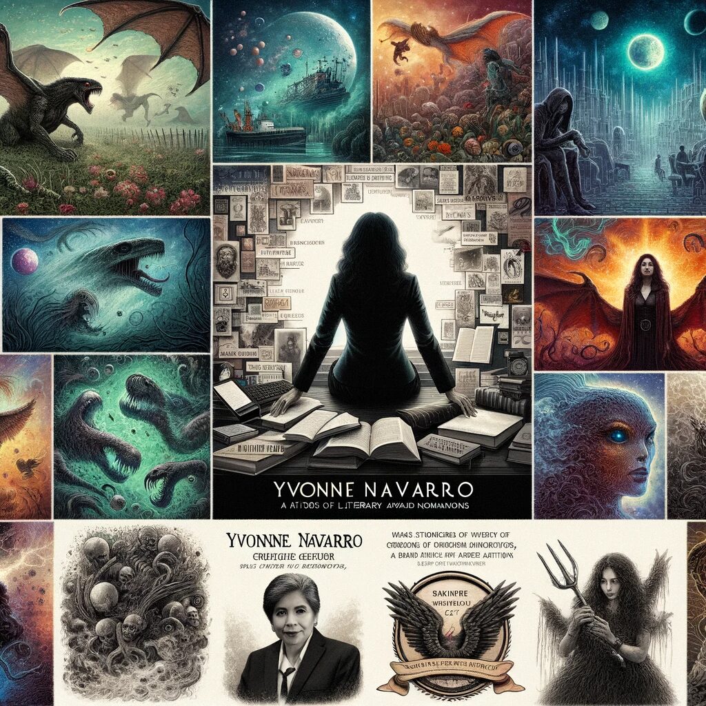 Collage showcasing Yvonne Navarro's career as an author, with elements of horror, science fiction, and fantasy, featuring eerie landscapes, futuristic scenes, and mythical creatures."