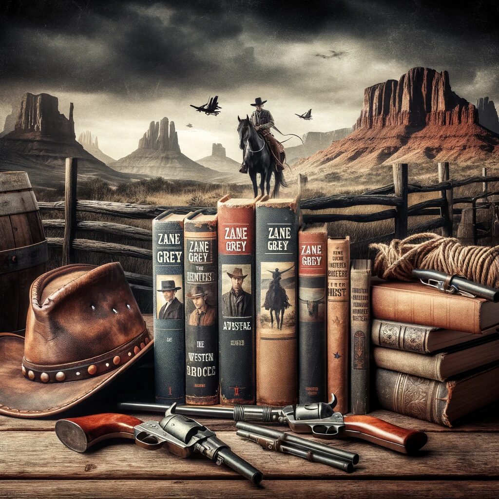 A collection of Zane Grey's novels set against a backdrop of the American West, featuring elements like a cowboy hat and Western landscapes.