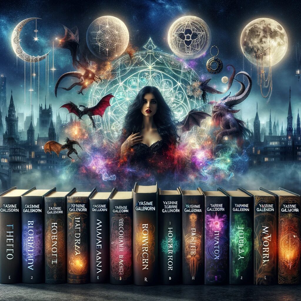 A collection of Yasmine Galenorn's novels set against a backdrop filled with magical symbols and mystical creatures, representing her urban fantasy and paranormal themes.