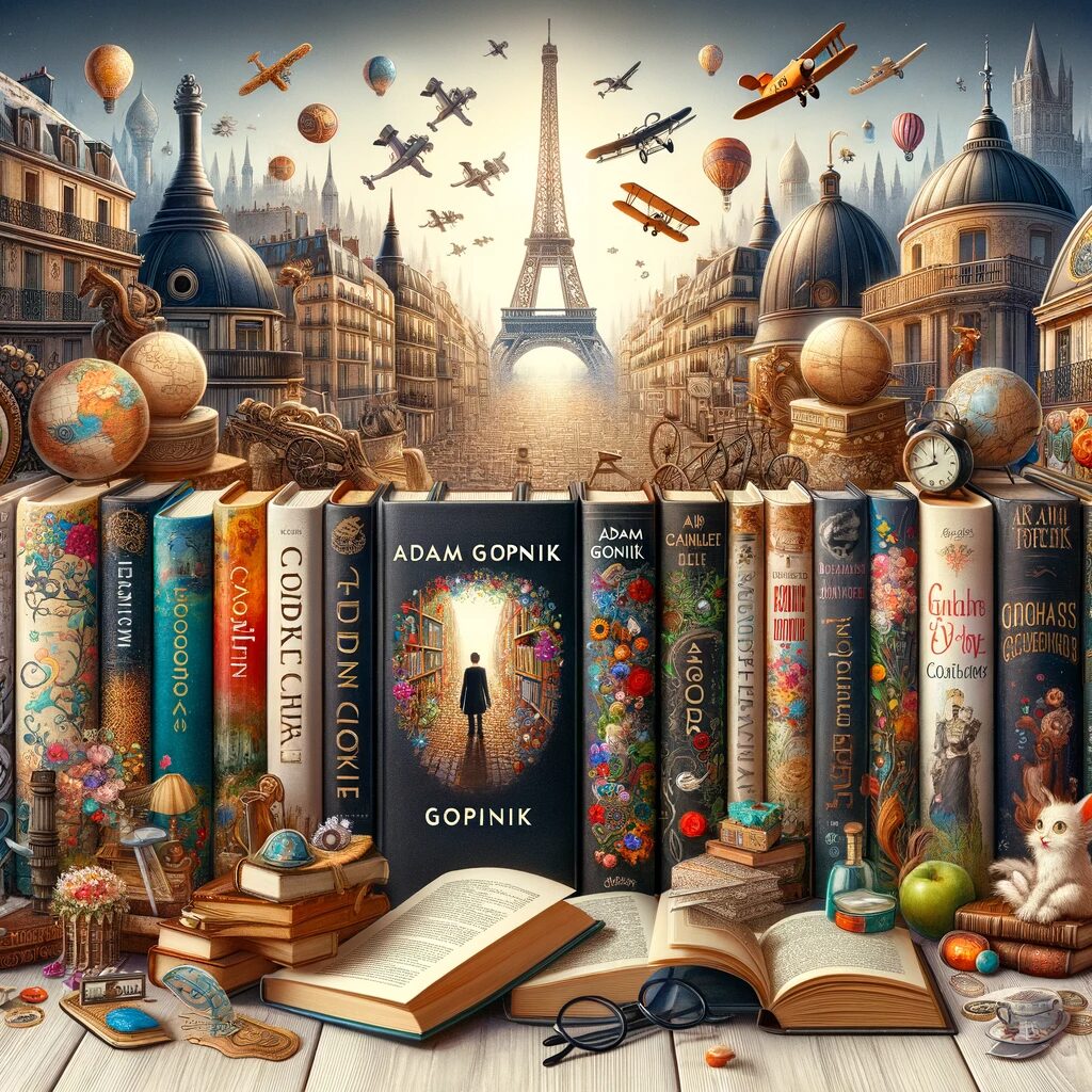 An image depicting a collection of Adam Gopnik's works, combining Parisian landscapes and symbols of literary critique with elements of children's literature.