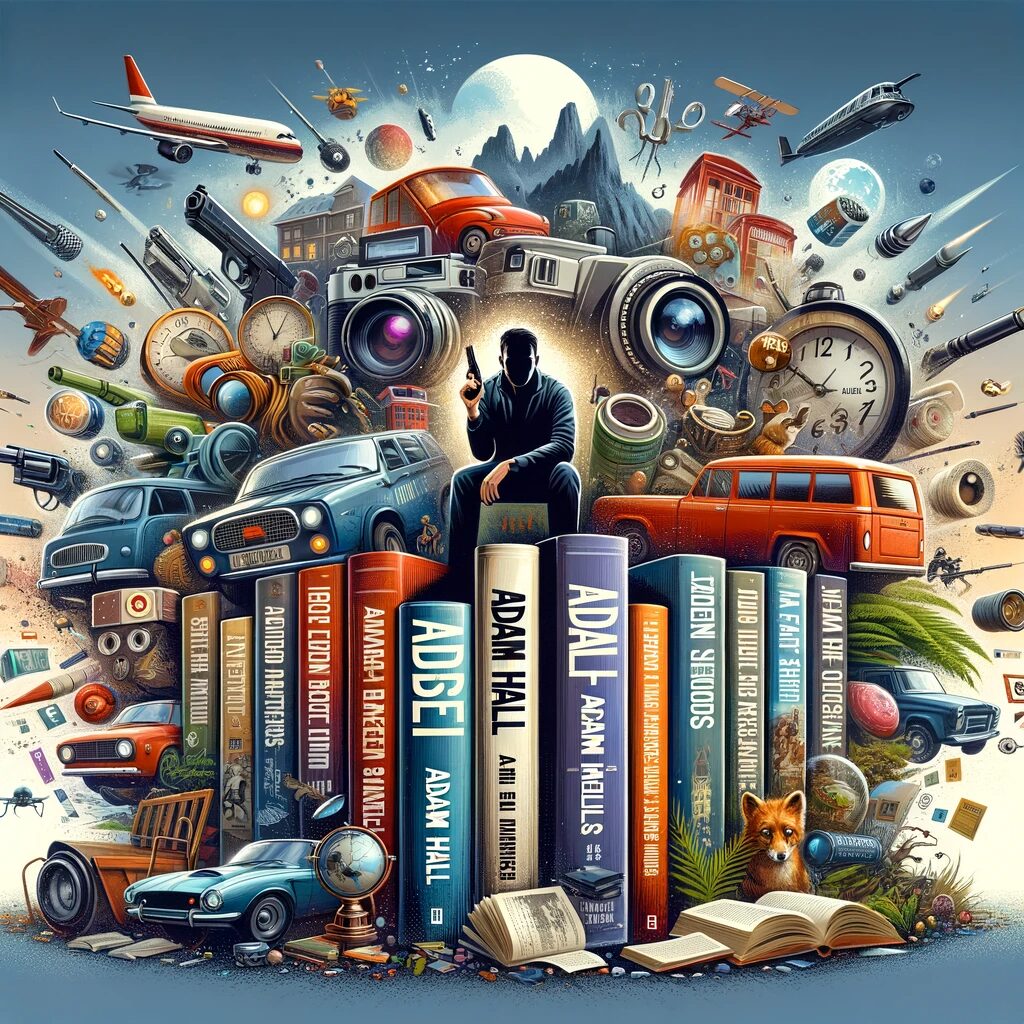 An image showcasing Adam Hall's diverse literary works, featuring spy gadgets, adventurous landscapes, and elements from children's literature.