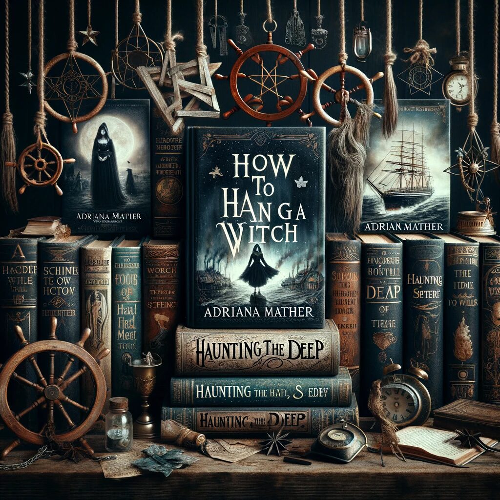 A collection of Adriana Mather's novels, featuring themes from 'How to Hang a Witch' and 'Haunting the Deep', set against a backdrop of witchcraft symbols, Salem Witch Trials, and maritime motifs.