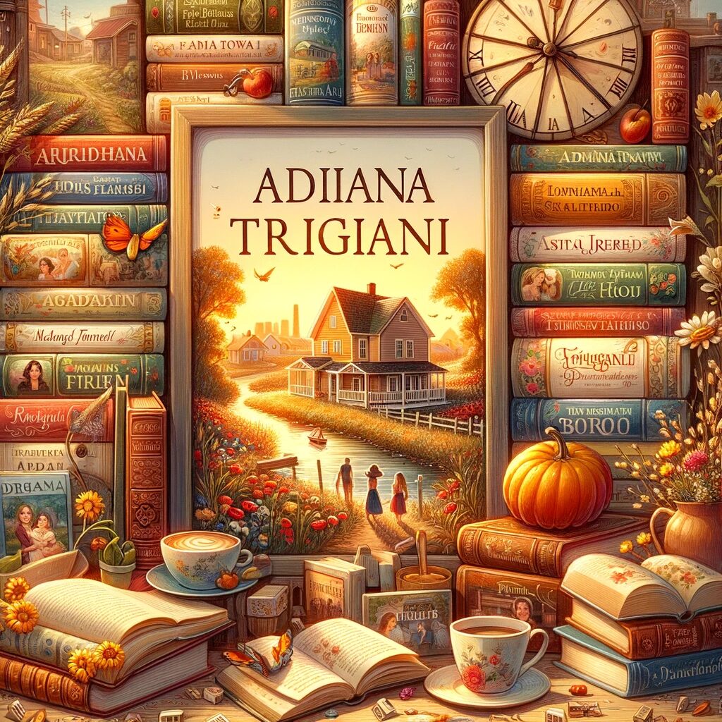 A collection of Adriana Trigiani's novels set against a backdrop of cozy landscapes and symbols of family and friendship, representing the essence of women's fiction.