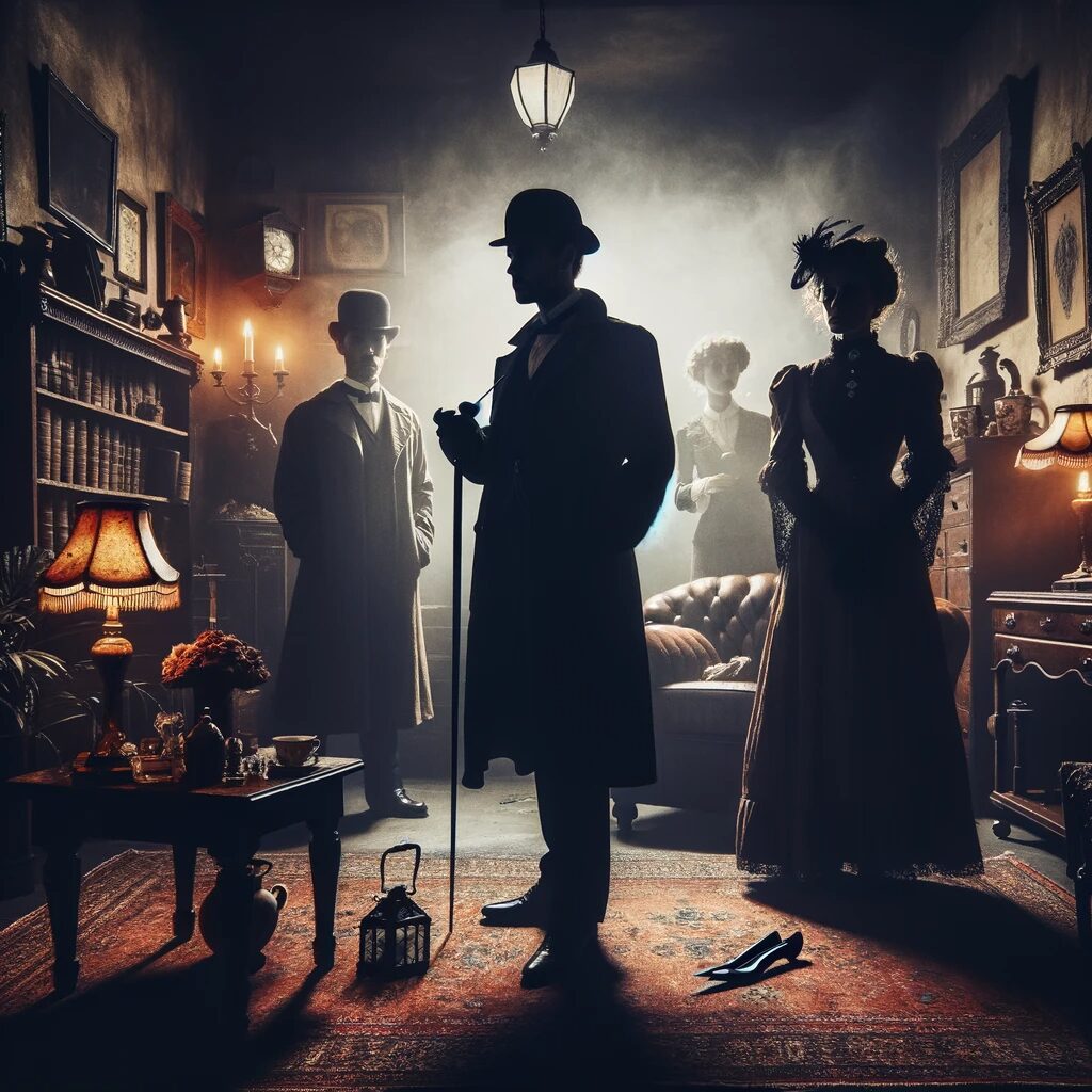 Shadowy figures in a setting of mystery and suspense, embodying the essence of Agatha Christie's detective novels.